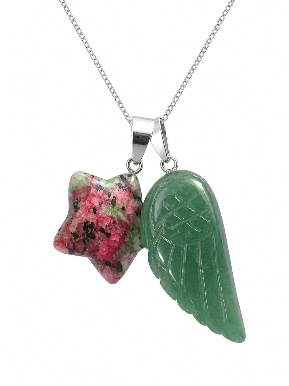 Boho hippie Jade Angel Wing and Ruby in Zoisite Star Silver Necklace 16”